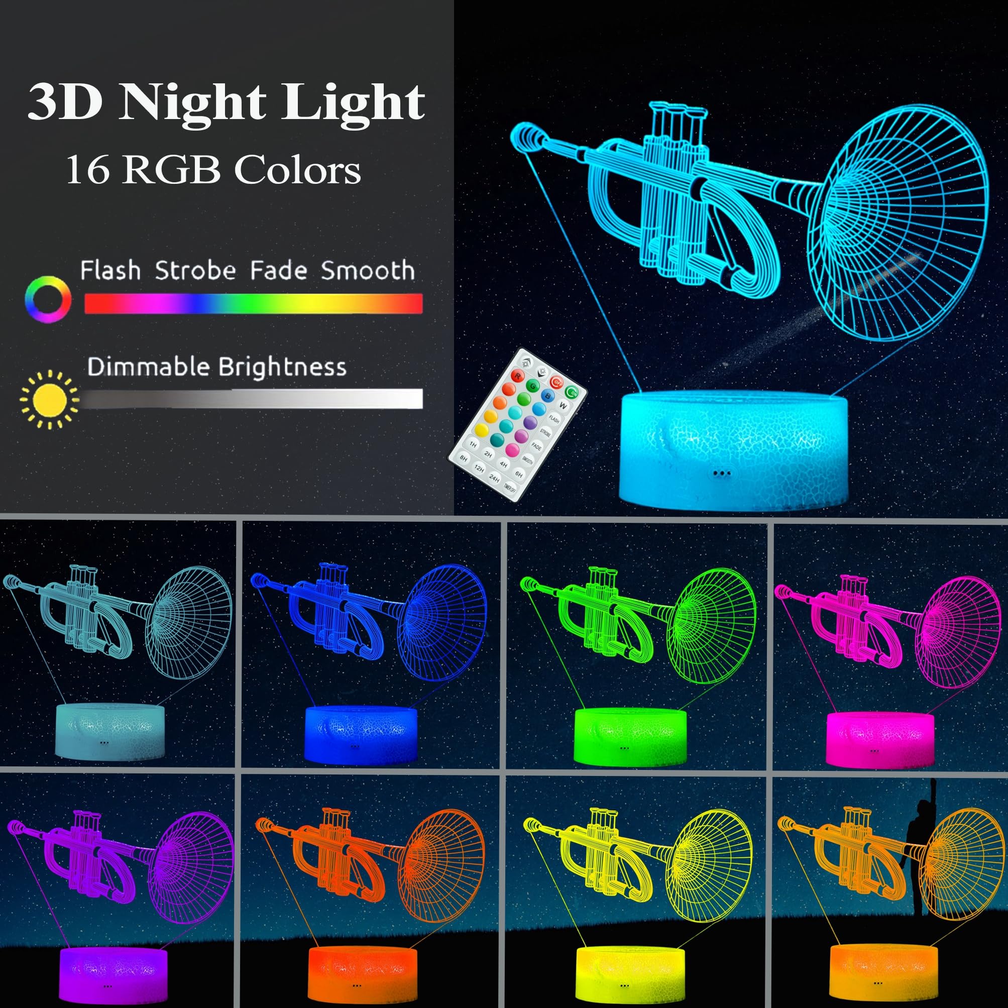 POSSHE Trumpet Night Light, Trumpet Gifts, 3D Illusion Lamp with